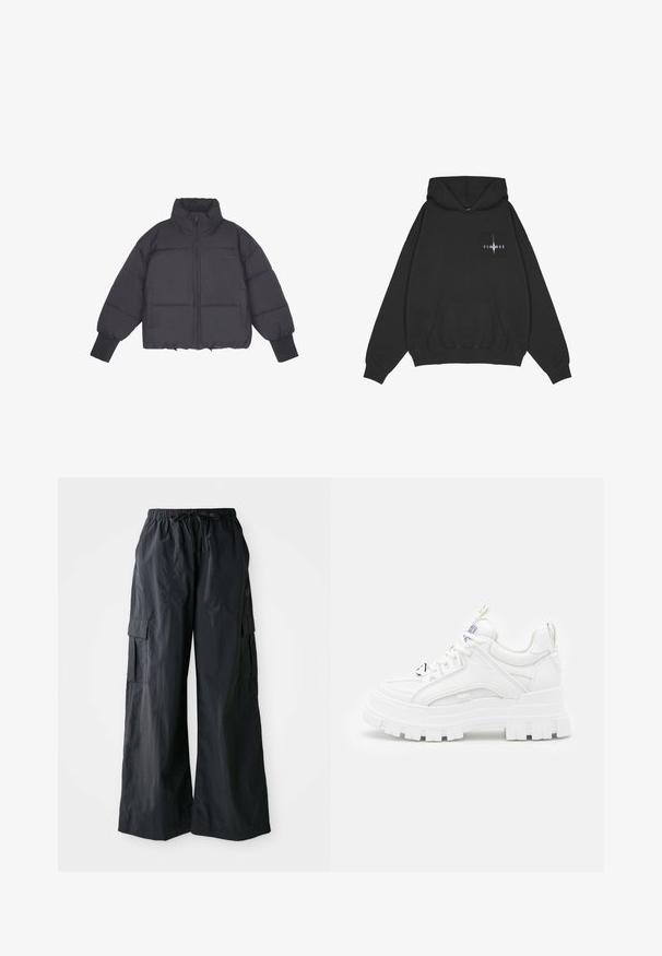 Chaqueta de plumas negra con cuello alto, cierre de cremallera en la parte frontal y puños elásticos. Presenta un acolchado estructurado y un diseño corto.; Pegador Jersey con capucha - washed black; Pantalones cargo negros hechos de una tela ligera, con un diseño de pierna ancha, cinturilla elástica y múltiples bolsillos laterales. Sencillos y funcionales.; Zapatillas deportivas blancas y gruesas con un revestimiento texturizado, cuello acolchado y suela gruesa y estriada. Presentan cordones negros en contraste y un detalle de marca.