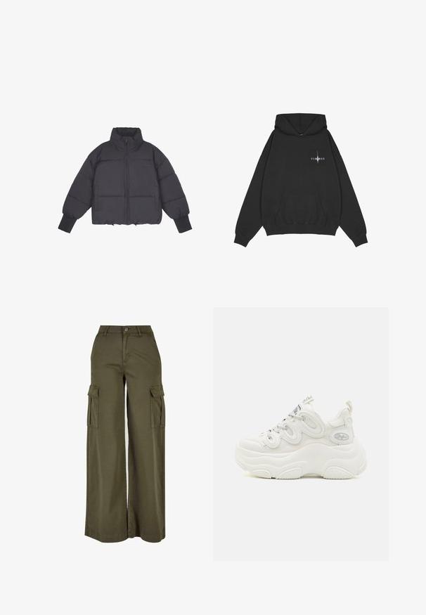 Sort pufferjakke med høj krave, lynlås i front og elastiske manchetter. Har struktureret quiltning og et cropped design.; Pegador Hættetrøje - washed black; Olivengrønne bredde cargo bukser med to sidelommer, lavet af et blødt, holdbart stof. Har detaljeret syning og en knaplukning.; Hvide chunky sneakers med overdel i mesh og syntetisk materiale, buet form, tekstureret sål og fremtrædende snøresystem med logo detaljer.