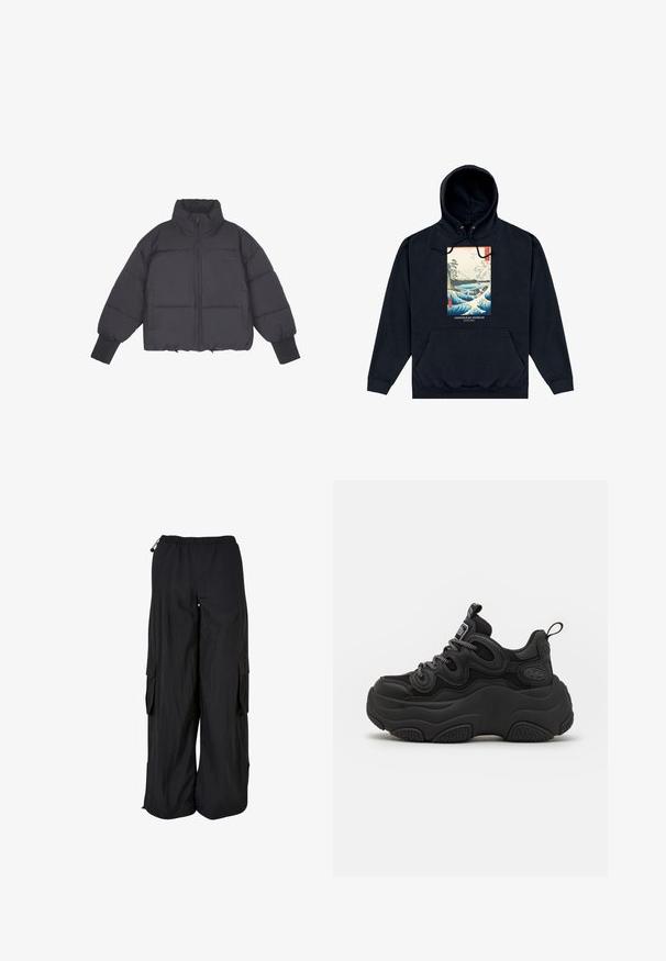 Doudoune noire avec un col montant, fermeture éclair à l'avant et poignets élastiques. Présente un matelassage structuré et une coupe courte.; Sweat à capuche noir avec poche avant, présentant un imprimé coloré de vague et de paysage de style japonais intitulé "Ashmolean Museum Oxford."; Pantalon cargo noir à jambes larges avec ceinture élastique, poches latérales à rabat et cordons réglables à la taille et à l'ourlet.; Baskets noires au design chunky, avec une tige texturée, des panneaux en maille et une semelle en caoutchouc épaisse. Lacets réfléchissants et détails de marque visibles.