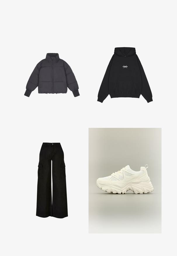 Sort pufferjakke med høj krave, lynlås i front og elastiske manchetter. Har struktureret quiltning og et cropped design.; Pegador BELLY OVERSIZED HOODIE - Hættetrøje - washed black; Sort vidbens cargo bukser med høj talje, frontknap, lynlås, bæltestropper og klaplommer på begge lår.; Hvid chunky sneaker med tyk tekstureret sål, mesh paneler, snørelukning foran og trækstrop ved hælen på en neutral baggrund.