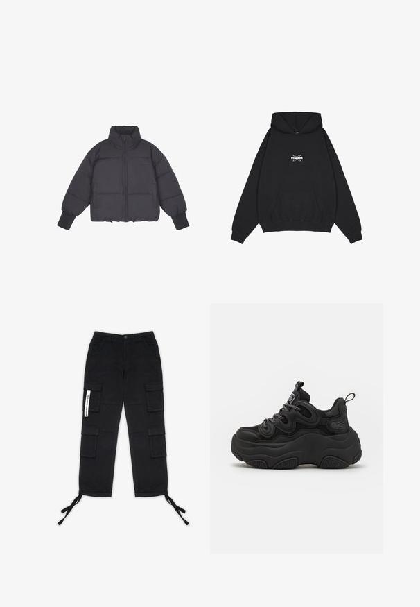 Sort pufferjakke med høj krave, lynlås i front og elastiske manchetter. Har struktureret quiltning og et cropped design.; Pegador BELLY OVERSIZED HOODIE - Hættetrøje - washed black; Pegador TANAMI WIDE PANTS - Cargobukser - black; Sorte sneakers med en chunky design, der har en tekstureret overdel, mesh-paneler og tyk gummisål. Reflekterende snørebånd og branddetaljer er synlige.