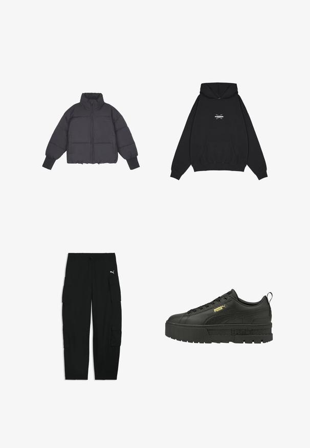 Zwarte pufferjack met hoge kraag, ritssluiting aan de voorkant en elastische manchetten. Bevat gestructureerde quiltstiksels en een cropped ontwerp.; Pegador BELLY OVERSIZED HOODIE - Hoodie - washed black; Zwarte cargobroek met elastische tailleband, trekkoord, zijflapzakken en een klein wit Puma-logo op de rechterdij.; Zwarte leren platform sneakers met een gestructureerde hiel, gouden Puma-logo en een vetersluiting met zwarte oogjes en platte veters.