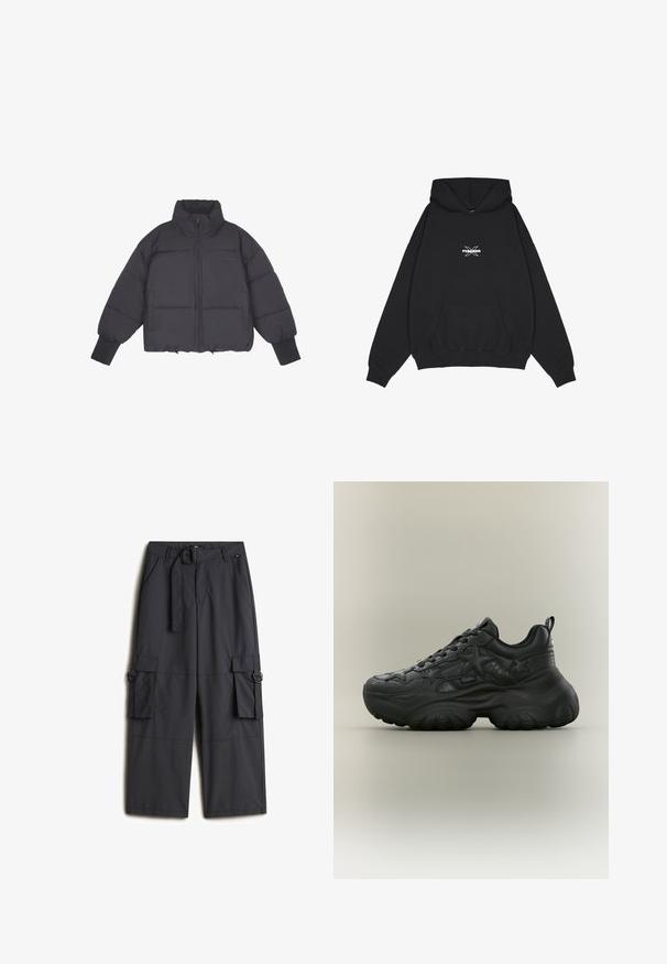 Chaqueta de plumas negra con cuello alto, cierre de cremallera en la parte frontal y puños elásticos. Presenta un acolchado estructurado y un diseño corto.; Pegador BELLY OVERSIZED HOODIE - Jersey con capucha - washed black; Pantalones cargo de un gris oscuro, hechos de una tela ligera, que cuentan con un cinturón de hebilla redonda, dos bolsillos laterales y dos bolsillos cargo.; Zapatilla deportiva negra y gruesa con patrones de estrellas, detalles texturizados, suela gruesa y tira para tirar sobre fondo neutro.