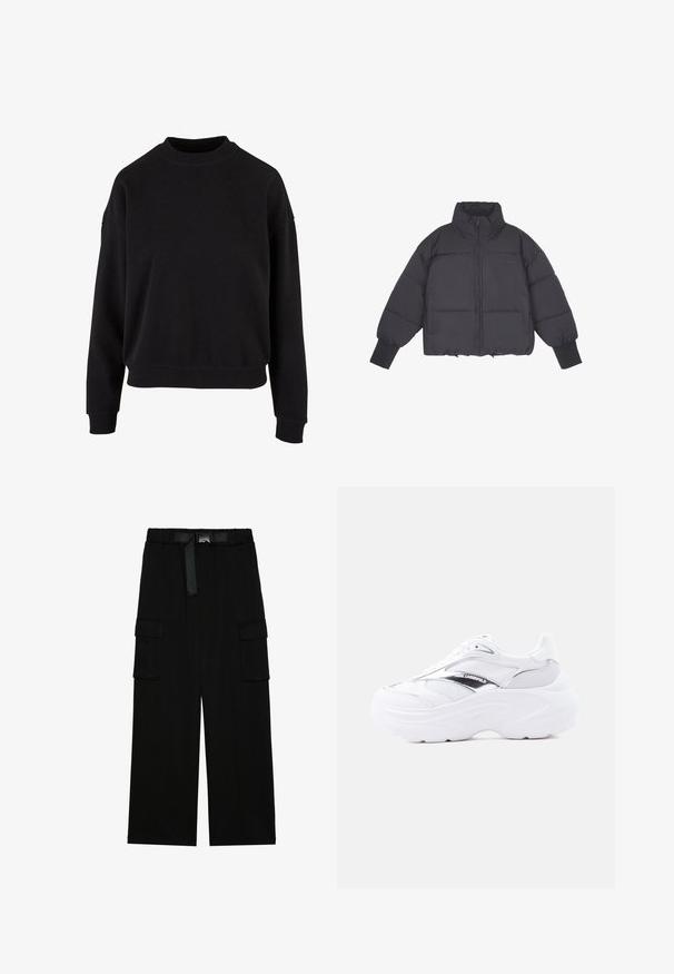 Schwarze Daunenjacke mit hohem Kragen, Reißverschluss vorne und elastischen Bündchen. Sie hat eine strukturierte Steppung und ein kurzes Design.; Schwarzer Sweatshirt aus weicher Baumwolle mit Rundhalsausschnitt, überschnittenen Schultern und gerippten Bündchen in entspannter Passform.; Schwarze Cargohosen mit weitem Bein, elastischem Bund und einem Gürtel sowie zwei großen Seitentaschen für zusätzlichen Stauraum.; Weißer klobiger Sneaker mit Mesh- und Lederobermaterial, dicker Sohle, metallisch-silbernem Detail und „Karl Lagerfeld“-Branding an der Seite.