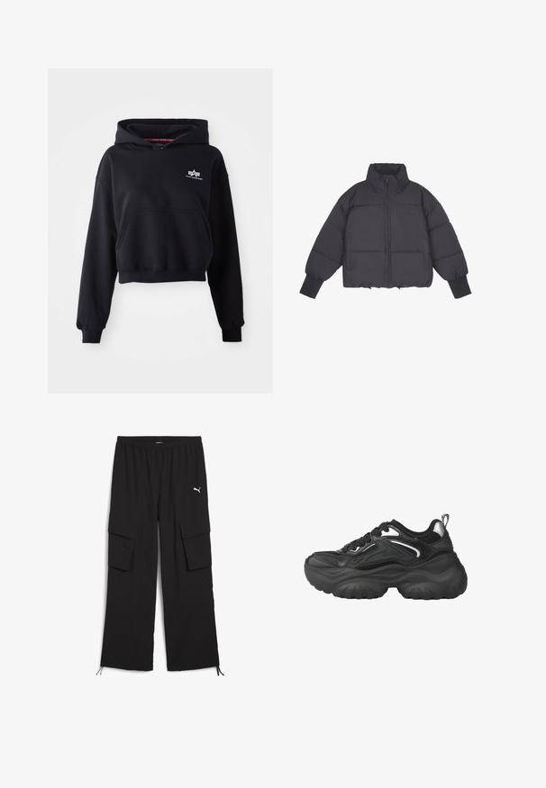 Sort pufferjakke med høj krave, lynlås i front og elastiske manchetter. Har struktureret quiltning og et cropped design.; Sort cropped hoodie lavet af blødt stof, med en forlommer, snoretræk i hætten og et lille hvidt logo på brystet.; Svarte cargo-bukser med bred ben-design, elastisk talje, to sidelommer og snoretræk ved kanten. Har et lille hvidt logo.; Sorte atletikskøjter med en kraftig sål, mesh og syntetisk overdel, snørelukning og sølvfarvede detaljer på siderne.