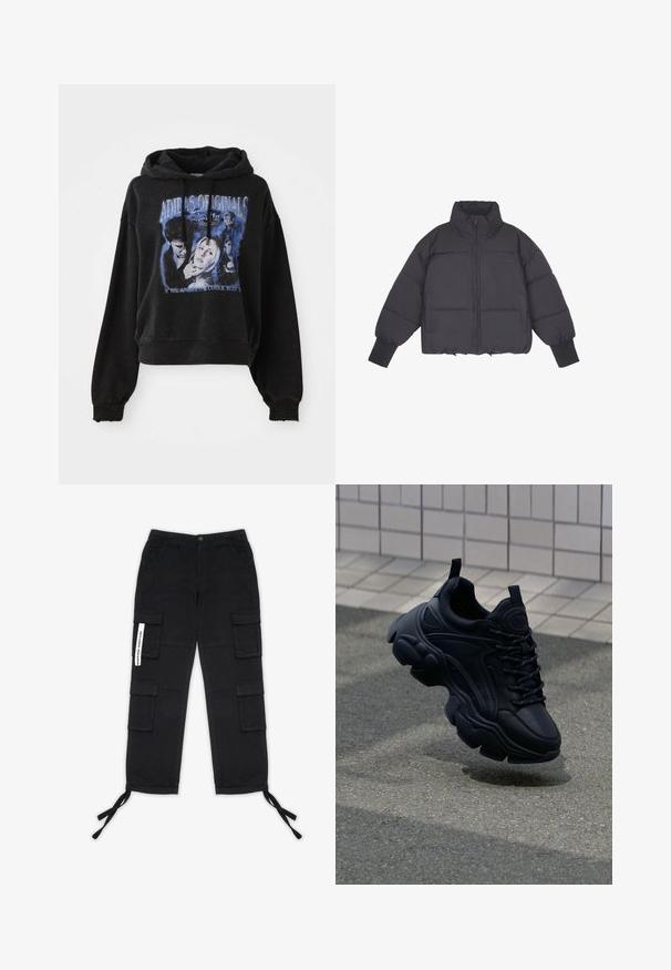 Sort pufferjakke med høj krave, lynlås i front og elastiske manchetter. Har struktureret quiltning og et cropped design.; Sort cropped hoodie lavet af bomuld med snøre i hætten. Har et grafisk print i blå, der viser tegn og tekst.; Pegador TANAMI WIDE PANTS - Cargobukser - black; Sort lædersneaker med et kraftigt design, der har en tykk sål, teksturerede paneler og sorte snørebånd. Svævende over en grå belægning.