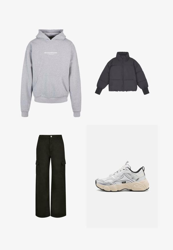 Doudoune noire avec un col montant, fermeture éclair à l'avant et poignets élastiques. Présente un matelassage structuré et une coupe courte.; Sweatshirt à capuche gris avec une poche avant, arborant un texte imprimé en blanc "MÉTAMORPHOSE" sur la poitrine. Matière en mélange de coton, poignets côtelés.; Pantalons cargo à jambes larges en noir. Fabriqués en tissu doux avec des poches latérales, dotés d'une fermeture à bouton et de passants de ceinture. Design simple et fonctionnel.; Baskets blanches avec des panneaux en maille et en synthétique, accents argentés, semelle crémeuse épaisse et détails noirs contrastants. Possède un système de laçage.