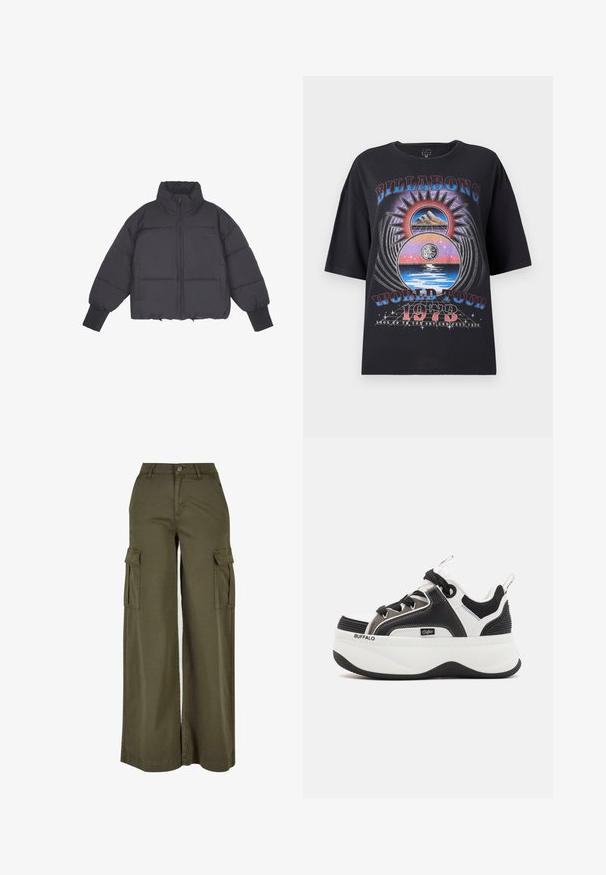 Doudoune noire avec un col montant, fermeture éclair à l'avant et poignets élastiques. Présente un matelassage structuré et une coupe courte.; T-shirt oversize noir présentant un design graphique coloré avec des éléments de montagnes, de soleil et d'eau. Le texte inclut "Billabong World Tour 1973."; Pantalons cargo larges en vert olive avec deux poches latérales, fabriqués à partir d'un tissu doux et durable. Présente une couture détaillée et une fermeture à bouton.; Baskets à plateforme avec un design en noir et blanc, des accents en maille, des détails texturés et un logo proéminent sur le côté.