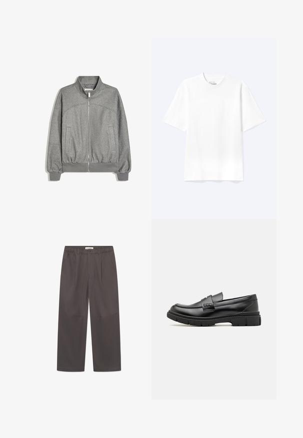Graue Jacke mit Reißverschluss, gerippten Bündchen und Saum, hohem Kragen und zwei Vorder Taschen, flach auf weißem Hintergrund dargestellt.; Schlichtes weißes T-Shirt mit kurzen Ärmeln und Rundhalsausschnitt in entspannter Passform, auf hellem Hintergrund dargestellt.; Graue, weite Hosen aus glattem Stoff, mit einem Knopfverschluss und zwei seitlichen Taschen. Einfaches, klares Design ohne sichtbare Muster.; Schwarze Lederloafer mit einem breiten Riemen über dem Rist, Gummisohle mit dicken Profilen und glatter Textur. Klassisches, schlankes Design.