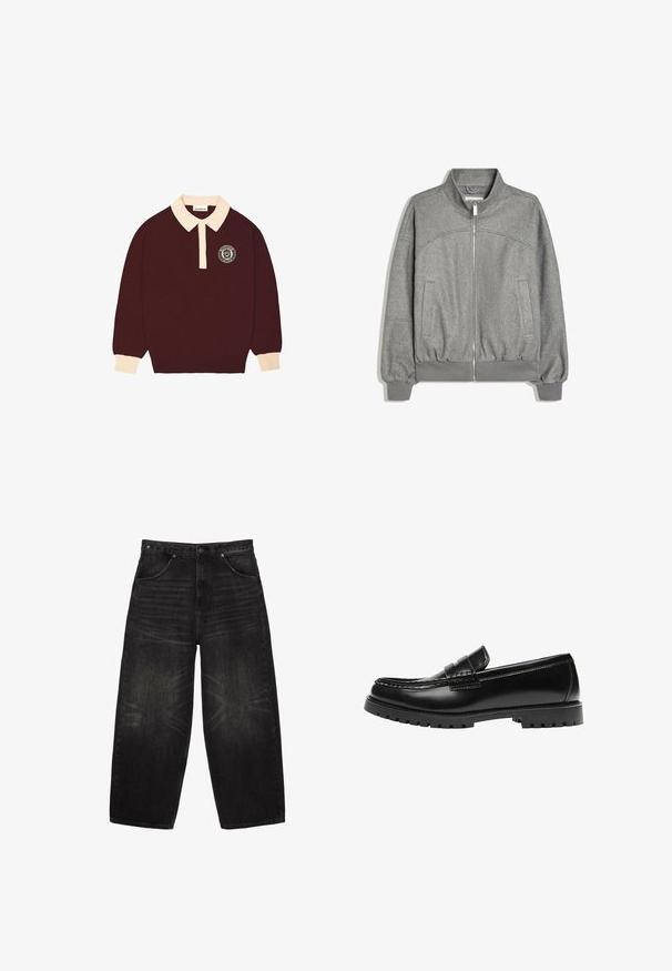 Grijs jack met ritssluiting, geribde manchetten en zoom, hoge kraag en twee voorzakken, platliggend op een witte achtergrond.; Bordeaux lange mouwen polo shirt met een crèmekleurige kraag en manchet, knoopsluiting en een cirkelvormig "Prohibited Berlin" logo op de linkerkant van de borst.; Zwarte denim jeans met wijde pijpen, voorzakken, riemlussen en subtiele vervaagde details op de dijen en knieën.; Zwarte leren loafer met een dikke rubberen zool en klassieke penny-strap details, gezien vanaf de buitenkant.