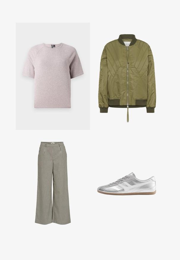Olivgrüne Bomberjacke mit Rippkragen und -bündchen, mit diagonal gesteppten Details und einem Frontreißverschluss.; Helles beige T-Shirt mit kurzen Ärmeln, aus weichem, strukturiertem Stoff, mit rundem Halsausschnitt und Raglanärmeln.; Gestreifte, weit geschnittene Hose in Beige und Braun, mit hoher Taille, Falten und einer glatten Textur. Keine sichtbaren Beschläge oder Akzente.; Silberner Sneaker in niedrigem Schnitt mit grauen Schnürsenkeln, weißen Seitenstreifen und einer hellbraunen Sohle, von der Außenseite gezeigt.