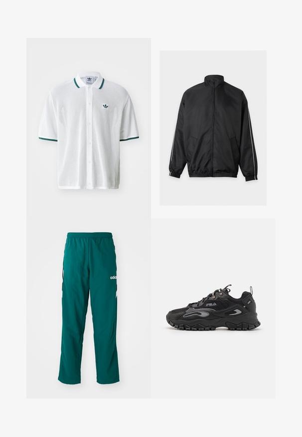 Schwarze Jacke mit durchgehendem Reißverschluss, Stehkragen, elastischen Bündchen und Saum, Seitentaschen und dünnen weißen Streifen entlang der Ärmel.; Weißes Mesh-Poloshirt mit grünem Kragen und grünen Akzenten an den Ärmeln, mit kleinem grünem Logo auf der linken Brust und Knopfleiste vorne.; Grüne Sporthose aus leichtem Material, mit elastischem Bund, seitlichen Taschen und weißem Adidas-Logo auf der linken Seite.; Schwarze Sneaker mit einem Obermaterial aus Mesh und Synthetik, Gummisohle, abgerundeter Zehenpartie und reflektierenden Akzenten an den Seiten und Schnürsenkeln.