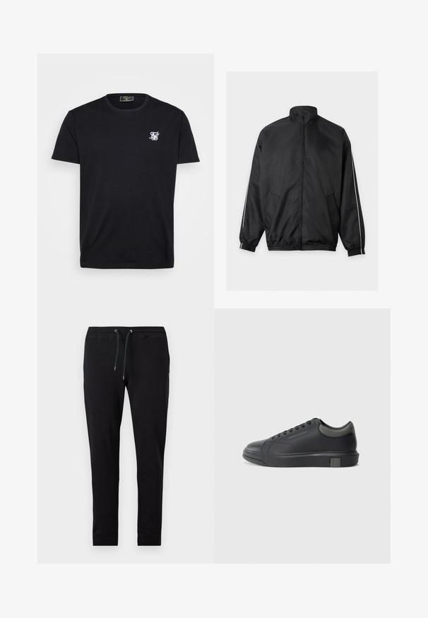 Sort jakke med fuld lynlås, ståkrave, elastiske manchetter og kant, sidelommer og tynde hvide striber langs ærmerne.; Sort bomulds t-shirt med korte ærmer, rund halsudskæring og et lille hvidt broderet logo på venstre bryst. En simpel og klassisk design.; Sorte slim-fit joggingbukser med elastisk talje og sort snøre, med manchetter ved anklerne, vist på en ensfarvet lys baggrund.; Sorte lædersneakers med en glat finish, rund tå og mørke grå accenter. Har snørebåndsdesign og tekstureret gummisål.