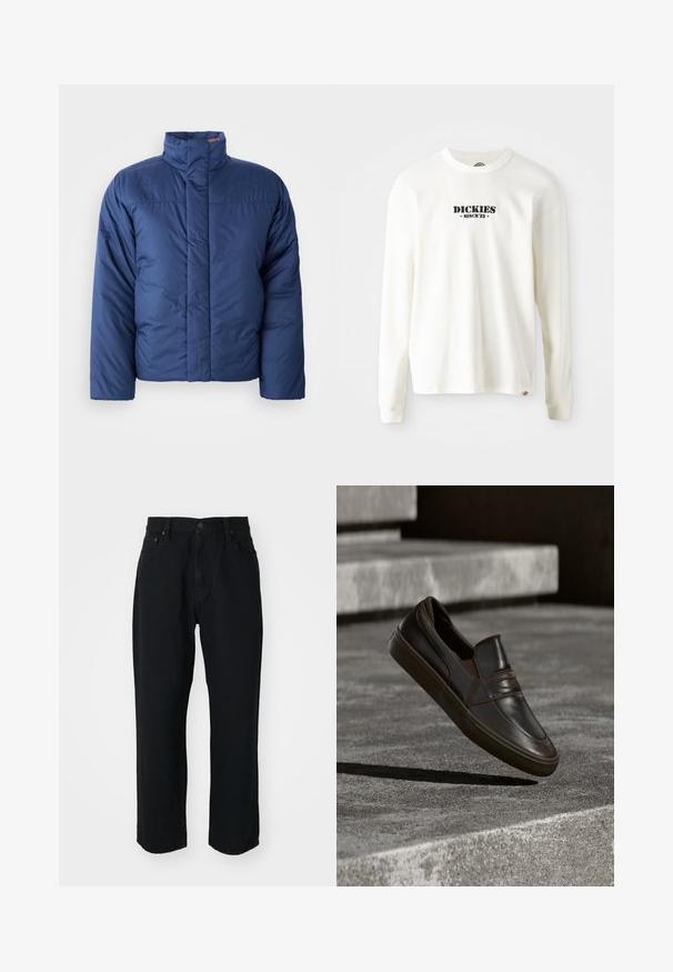 Marineblauwe pufferjack met een hoge kraag, voorritssluiting en gewatteerde textuur. Heeft een logo op de linkerkant van de borst.; Witte lange mouw geribbelde sweatshirt met een zwart logo "DICKIES" en "SINCE '22" eronder, ronde hals en manchetten.; Zwarte denim jeans met een rechte snit, lichte textuur, vijf zakken en een knoopsluiting in de taille.; Donkerbruine leren instapschoen zwevend boven betonnen trappen met een gestructureerd oppervlak en schaduw die eronder valt.