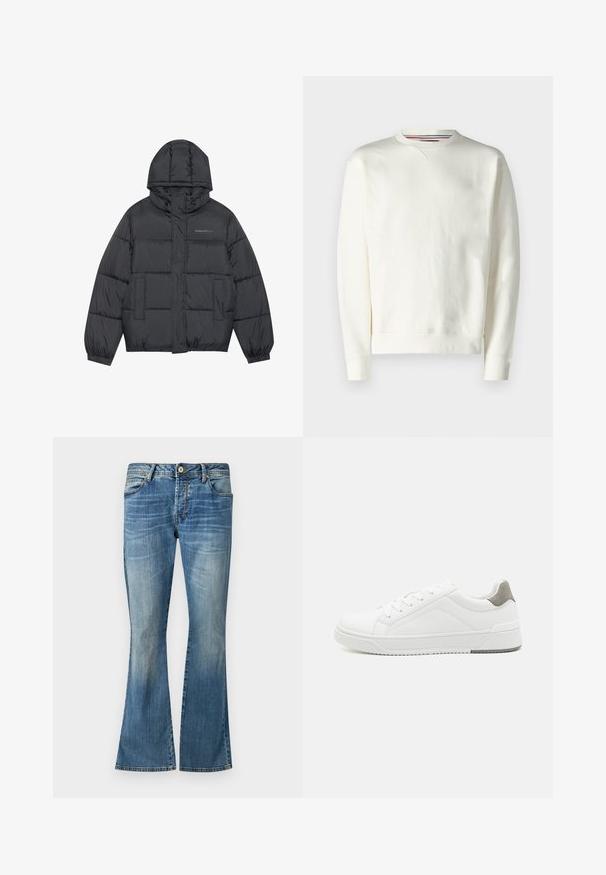 Pufferjack in donkergrijs met een ritssluiting, capuchon, twee voorzakken, elastische manchetten en gestikte puffs die textuur creëren. Logo op de borst.; Witte sweatshirt met een ronde hals, geribde manchetten en een subtiele logodetail. Zacht materiaal met een gladde textuur en een minimaal ontwerp.; Blauwe flared jeans van denim met een vervaagde was. Beschikken over vijf riemlussen, een knoopsluiting en klassieke stiksels.; Witte sneaker van glad leer met een ronde neus, minimalistisch ontwerp, grijze hielaccent en een geplaatste rubberen zool.