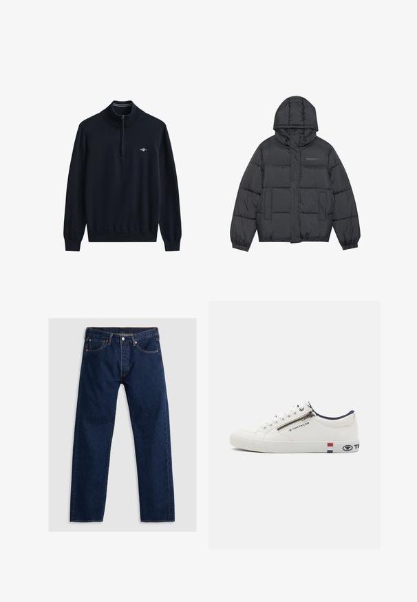 Puffervest i mørkegrå med lynlåslukning, hætte, to forlommer, elastiske manchetter og quiltede puffer, der skaber tekstur. Logo på brystet.; Marineblå sweater med høj krave og halv lynlås. Ribstrikkede manchetter og kant. Har en lille hvid logo på brystet. Blødt, strikket stof.; Mørkeblå lige ben denim jeans med frontknap, bæltesløjfer og fem-lomme design lagt fladt på en lys baggrund.; Hvid sneaker med overdel i læder, rund tå og kontrasterende marineblå detaljer ved kraven. Har en lynlåslukning og logoakcenter på siderne.