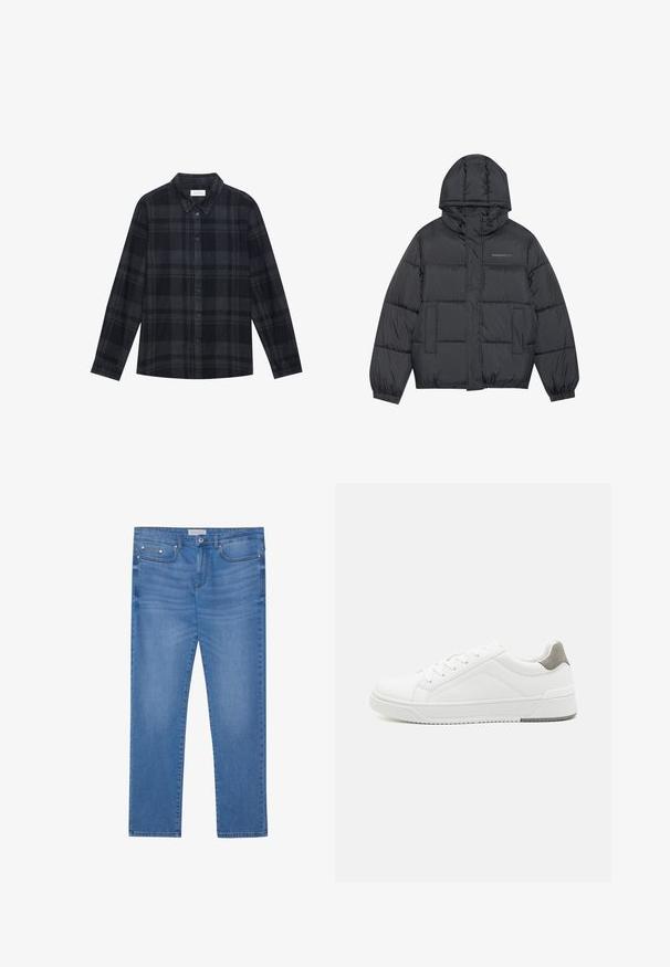 Doudoune en gris foncé avec fermeture éclair, capuche, deux poches avant, poignets élastiques et coussins cousus créant une texture. Logo sur la poitrine.; Chemise en flanelle à carreaux noirs et gris, avec un devant à boutons, des manches longues et un design de col classique.; Jeans en denim bleu clair avec une coupe droite, design à cinq poches, décoloration subtile et accents en métal au niveau de la taille et des poches.; Basket blanche en cuir lisse, à bout arrondi, design minimaliste, accent de talon gris et semelle en caoutchouc texturé.