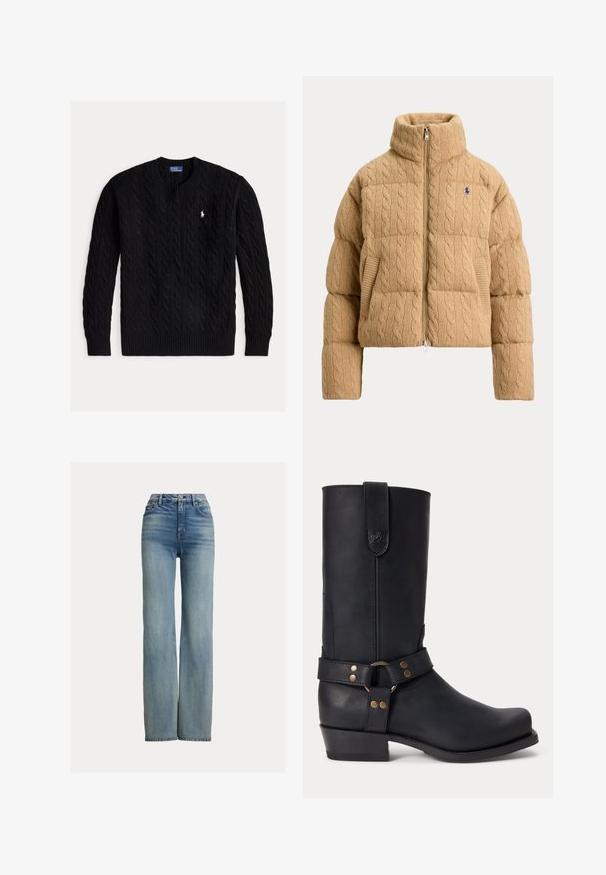 Beige gestrickte Steppjacke mit hohem Kragen, Frontreißverschluss, Seitentaschen und kleinem besticktem Logo auf der linken Brust.; Schwarzer Strickpullover mit Rundhalsausschnitt, langen Ärmeln und kleinem weißem Polo Ralph Lauren-Logo auf der Brust.; Hochgeschnittene, gerade geschnittene blaue Jeans mit Fronttaschen, Gürtelschlaufen und Knopfverschluss, die dezente Verwaschungen aufweisen.; Schwarzer Lederstiefel bis zur Mitte der Wade mit niedrigem Absatz, rundem Vorderfuß und dekorativem Riemen mit Metallnieten und Ring um den Knöchel.