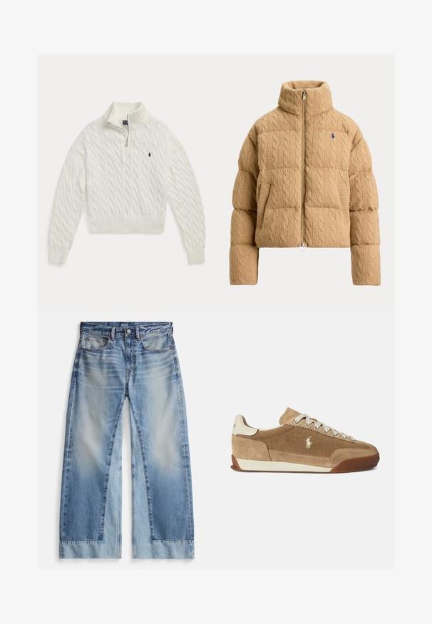 Chaqueta acolchada beige de punto de cable con cuello alto, cremallera frontal, bolsillos laterales y pequeño logo bordado en el pecho izquierdo.; Jersey blanco de punto trenzado con cremallera hasta la mitad, con cuello, puños y bajo acanalados, con un pequeño logo bordado de un caballo oscuro en el pecho.; Vaqueros de pierna ancha color azul claro con lavado desteñido, que cuentan con dos bolsillos delanteros, bragueta con botones y bajos deshilachados. Confeccionados en tela de denim.; Zapatillas de ante color canela con un perfil bajo, detalles en crema, diseño con cordones y suela de goma. Presentan un pequeño logo en el lateral.