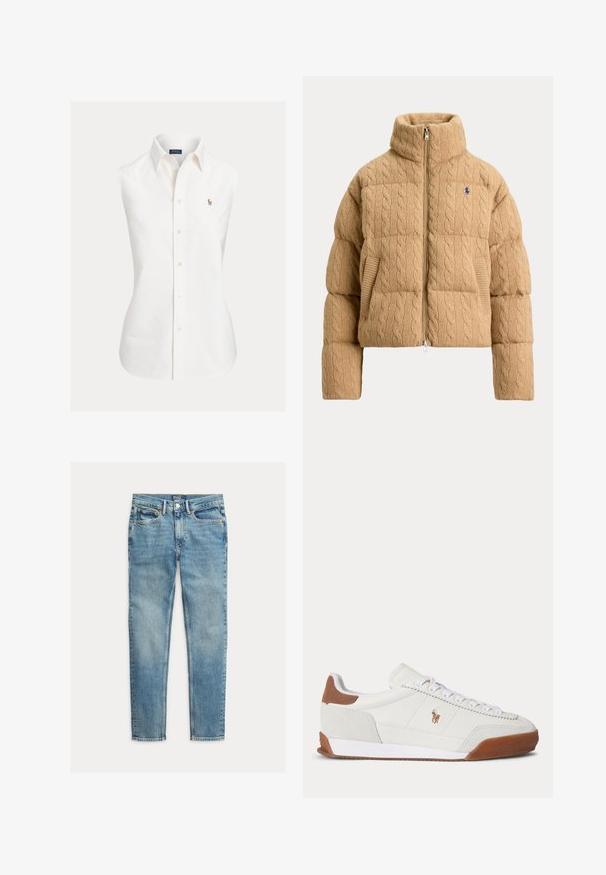Chaqueta acolchada beige de punto de cable con cuello alto, cremallera frontal, bolsillos laterales y pequeño logo bordado en el pecho izquierdo.; Camisa blanca sin mangas de algodón, con cuello puntiagudo, abotonadura frontal y un pequeño logo bordado en el lado izquierdo.; Vaqueros ajustados azul claro con cinco bolsillos y cierre de botón, colocados planos sobre un fondo blanco.; Zapatilla blanca de corte bajo con acentos de ante marrón en el talón y la puntera, cordones blancos y un pequeño logo marrón bordado en el lateral.