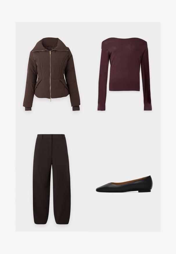 Veste matelassée marron foncé avec fermeture éclair à l'avant, col montant, deux poches avant et poignets ajustés aux manches longues.; Pull moulant marron foncé à épaules dénudées, manches longues, avec poignets et ourlet côtelés sur un fond clair uni.; Pantalons larges marron foncé en tissu lisse avec une taille plate, passants de ceinture et chevilles cintrées. Pas de motifs ni de éléments en métal visibles.; Chaussure plate en cuir noir à bout pointu avec talon bas et finition lisse, vue de côté sur un fond gris clair.