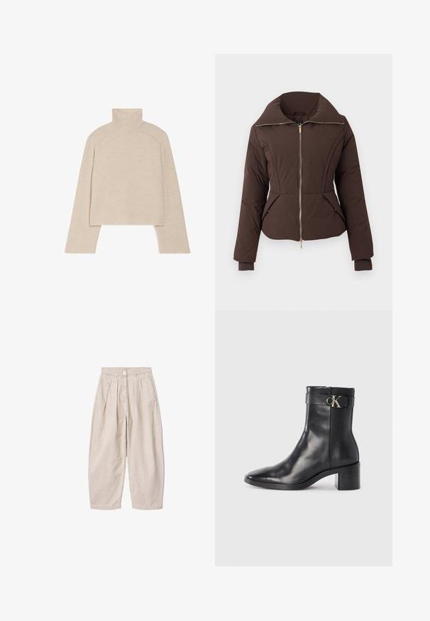 Chaqueta acolchada marrón oscuro con cremallera frontal, cuello alto, dos bolsillos delanteros y puños ajustados en las mangas largas.; Suéter de punto acanalado beige de cuello alto con mangas largas y un diseño ajustado, que presenta un collar alto y un patrón de punto texturizado.; Pantalones beige de talle alto con estampado de leopardo sutil, piernas anchas, pinzas delanteras, bolsillos laterales, trabillas para cinturón y cierre con botón en la cintura.; Bota de tobillo de cuero negra con punta afilada, tacón cuadrado y una correa con un detalle de logo metálico. Textura suave y diseño minimalista.