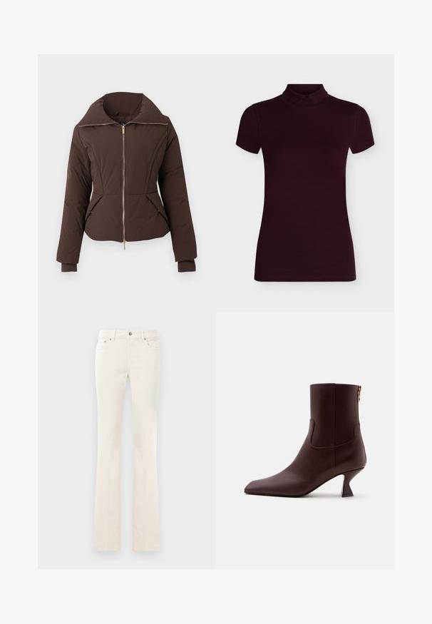 Dunkelbraune gesteppte Jacke mit Frontreißverschluss, hohem Kragen, zwei Fronttaschen und eng anliegenden Bündchen an den langen Ärmeln.; Kurzärmliges, figurbetontes, dunkelviolettes Rollkragentop mit kleinem Kragen, präsentiert vor einem schlichten hellen Hintergrund.; Weiße gerade geschnittene Jeans mit Knopf und Taschen, vor einem schlichten weißen Hintergrund präsentiert.; Dunkelbrauner Leder-Knöchelstiefel mit spitzer Zehe, geschwungenem Kittenabsatz und Reißverschluss hinten vor einem schlichten hellen Hintergrund.
