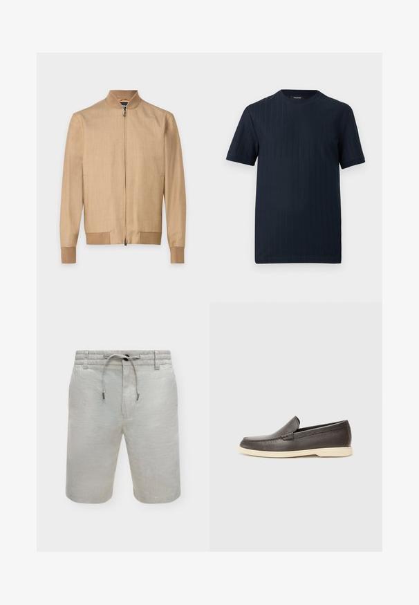 Veste bomber beige zippée avec col, poignets et bas côtelés, en tissu léger, présentée sur un fond uni.; T-shirt bleu marine à manches courtes et col rond, avec une subtile texture côtelée verticale, sur un fond uni.; Short beige longueur genou avec ceinture élastique, cordon de serrage réglable, passants de ceinture et fermeture avant par boutons.; Chaussures à enfiler en cuir marron avec une surface texturée et une semelle beige clair contrastante, présentant un bout arrondi et de minimalistes détails de couture.
