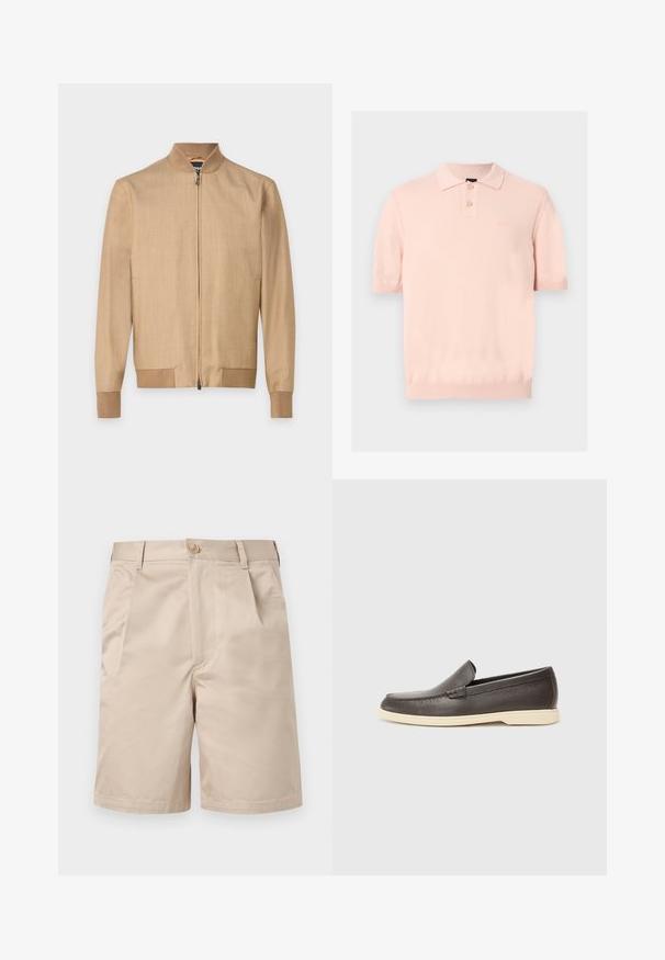 Veste bomber beige zippée avec col, poignets et bas côtelés, en tissu léger, présentée sur un fond uni.; Polo rose clair à manches courtes avec deux boutons au col et bords côtes aux manches et à l'ourlet.; Short beige longueur genou avec fermeture avant bouton et zip, passants pour ceinture et poches latérales.; Chaussures à enfiler en cuir marron avec une surface texturée et une semelle beige clair contrastante, présentant un bout arrondi et de minimalistes détails de couture.