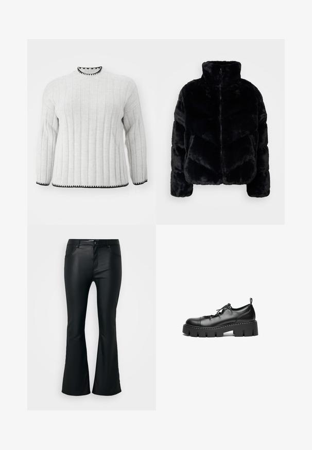 Sort faux fur pufferjakke med høj krave, lynlås og en quiltet design med diamantmønstre. Blød tekstur og lange ærmer.; Lys grå ribbet sweater med lange ærmer, der har en sort kant ved den høje halsudskæring og kanten. Blød tekstur og afslappet design.; Sorte, flagrende bukser lavet af et glat, skinnende materiale. Har fem lommer, bæltestropper og en lynlås med knaplukning.; Sorte læder snørebåndssko med rund tå, kraftig platåsål og dekorativ syning langs kanten.