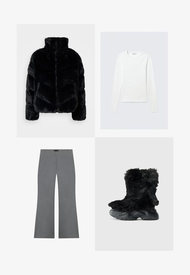 Sort faux fur pufferjakke med høj krave, lynlås og en quiltet design med diamantmønstre. Blød tekstur og lange ærmer.; Langærmet, enkel hvid T-shirt med rund halsudskæring og tætsiddende pasform, vist mod en lysegrå baggrund.; Grå breddebukser med en glat tekstur, der har høj talje og et rent design. Ingen synlige mønstre eller hardware-detaljer.; Sort, fuzzy ankelstøvle med en struktureret overdel, der har en tykk sort gummisål og et mønster for greb og stabilitet.