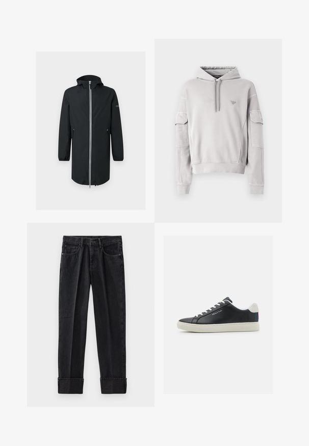 Zwarte lange regenjas met capuchon, volledige zilveren ritssluiting aan de voorkant, elastische manchetten en twee ritssluitbare zijzakken op een effen achtergrond.; Lichtgrijze hoodie met frontale trekkoorden, ribgebreide manchetten en twee klepzakken op de bovenarmen, voorzien van een klein logo op de borst.; Zwarte denim jeans met een relaxte pasvorm, voorzien van opgerolde broekspijpen en ingedrukte branding op de zoom. Klassiek vijfzakdesign met contrasterende stiksels.; Zwarte leren sneaker met witte veters en rubberen zool. Bevat een accent in blauw, rood en groen gestreept bij de hiel. Inclusief gestikte details.