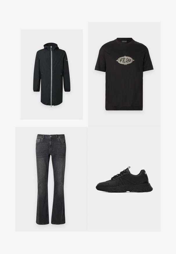 Schwarzer langer Regenmantel mit Kapuze, durchgehendem silbernem Frontreißverschluss, elastischen Bündchen und zwei seitlichen Reißverschlusstaschen auf einfarbigem Hintergrund.; Schwarzes T-Shirt mit kurzen Ärmeln und Rundhalsausschnitt, mit zentralem ovalem Logo mit der Aufschrift „EMPORIO ARMANI 1981 MILANO“ in beiger Schrift.; Schwarze Jeans aus Denim mit ausgestelltem Design, fünf Taschen und einem Metallknopfverschluss. Der Stoff hat eine glatte Textur mit dezentem Verblassen.; Schwarzer Sneaker in Low-Top-Stil mit klobiger Sohle, strukturierten Paneeldetails, Schnürverschluss vorne und Zuglasche an der Ferse vor einfarbigem Hintergrund.