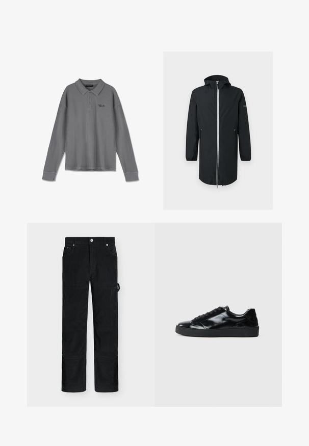 Sort lang regnfrakke med hætte, fuld foran sølv lynlås, elastiske manchetter og to lynlåslommer i siderne på ensfarvet baggrund.; Langærmet polo shirt i stribet gråt stof. Har en krave, tre-knaps placket og subtil sort branding på brystet.; Sorte kordfløjlsbukser med lige ben, frontknap, sidelomme med løkke og forstærkede knælapper.; Sorte laklæder sneakers med rund tå, snørredesign, tekstureret gummisål og en glat overflade.