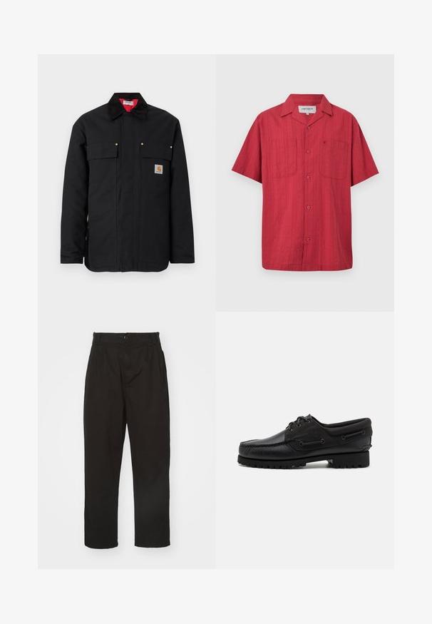 Sort arbejdssjaket lavet af holdbart stof, med to brystlommer, guldfarvede hardware-detaljer og en kontrastfuld rød indvendig foring.; Kortærmet rød skjorte med knapper og to brystlommer, hvoraf den ene har et diskret broderet logo, samt krave med afslappet snit.; Sorte bukser lavet af glat stof, med knaplukning, lige pasform og to frontfolder for ekstra detalje.; Sort sko med overdel i læder, tekstilaccentuer, runde snørebånd og en tekstureret gummisål. Udstyret med mokkasinsyning og branddetalje.