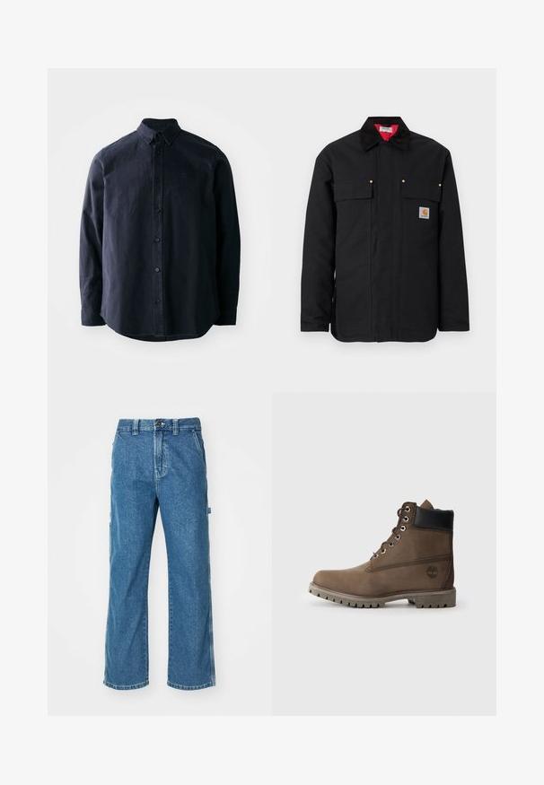 Sort arbejdssjaket lavet af holdbart stof, med to brystlommer, guldfarvede hardware-detaljer og en kontrastfuld rød indvendig foring.; Mørkeblå knap-op skjorte med spids krave, lange ærmer og en lige kant. Har en diskret logo på brystet og tekstureret stof.; Blå denim cargo bukser med en afslappet pasform, der har sidelommer, lynlås og kontrastsyninger på sømmene.; Brune læder ankelstøvle med sort krave, metaløjer og slidstærk grå sål. Har logo på siden og syet detaljer.