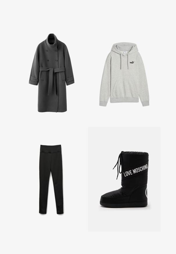 Manteau en laine grise avec col montant, design croisé, manches longues et ceinture assortie en tissu. Matière texturée avec des boutons.; Hoodie en polaire grise avec une poche kangourou à l'avant, capuche avec cordon de serrage et logo Puma noir sur la poitrine. Texture douce, coupe décontractée.; Leggings noirs en tissu extensible avec une large taille. Présentent une texture lisse et sans motifs ni éléments visibles.; Botte d'hiver noire matelassée avec laçage à l'avant, texte "LOVE MOSCHINO" sur le côté et semelle plate.
