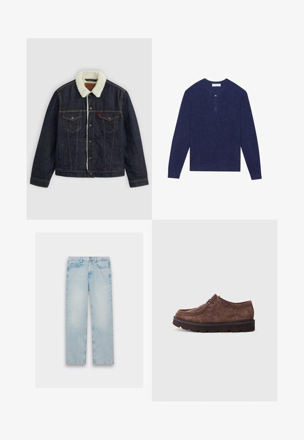 Donkerdenimjack met een witte nepbont kraag, twee borstzakken en gouden stiksels. Voorzien van knoopsluiting en een recht model.; Marineblauw geribbelde lange mouwen henley shirt met drie zwarte knopen bij de kraag en een zachte textuur, met lichte kleurspatten door het geheel.; Lichtblauwe denim jeans met een recht model, vijf zakken en een vervaagde afwerking. Metaalbeslag en gestikte details zijn zichtbaar.; Bruine suède schoen met een ronde neus, vetersluiting en dikke rubberen zool. Minimalistisch ontwerp met subtiele stiksel en branding op de hiel.
