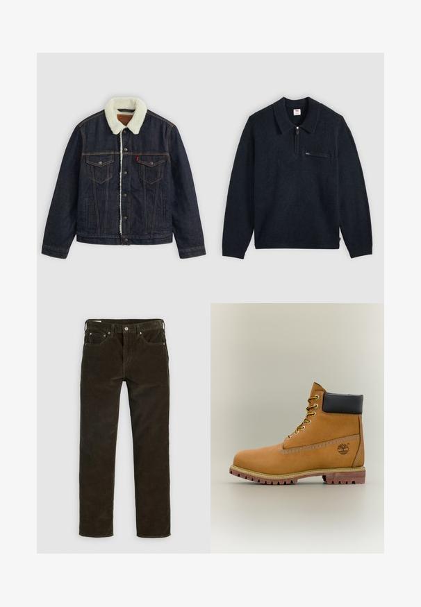Dunkelblaue Jeansjacke mit einem weißen Kunstfellkragen, zwei Brusttaschen und goldenem Nähen. Verfügt über eine Knopfverschlüsse und eine gerade Passform.; Dunkelblauer langärmliger Pullover mit Kragen, kurzem Frontreißverschluss und Reißverschlusstasche auf der Brust vor einem schlichten hellen Hintergrund.; Braune Cordhosen mit geradem Bein, fünf Taschen, sichtbaren Nähten und einer strukturierten Stoffoberfläche. Metallknopfverschluss hinten.; Brauner Leder-Stiefelette mit schwarzem Kragen, gelben Schnürsenkeln und hellbrauner Sohle. Verfügt über ein Logo und weiße Ziernähe. Robuste Profilsohle.