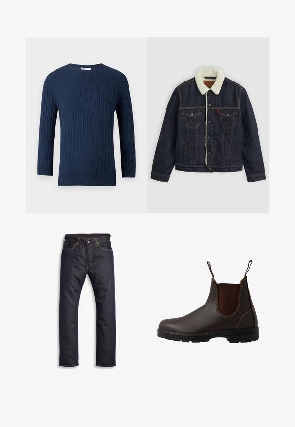 Veste en denim noir avec un col en fausse fourrure blanche, deux poches poitrine et des coutures dorées. Elle dispose d'une fermeture à boutons et d'une coupe droite.; Le pull en tricot navy présente un motif côtelé texturé, un col rond et des manches longues. Fabriqué à partir d'un tissu doux avec une silhouette ajustée.; Jean en denim bleu foncé avec coupe droite, design à cinq poches, matériel en métal et surpiqûres orange contrastantes. Texture lisse, sans motifs visibles.; Botte Chelsea en cuir marron avec panneau latéral élastique, coutures marron, languettes de tirage, et une semelle en caoutchouc durable avec un motif texturé.