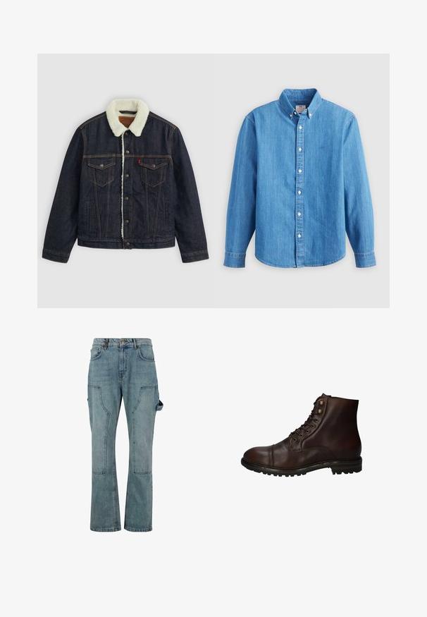 Mørk denimjakke med en hvid faux shearling krave, to brystlommer og guldsyninger. Har knaplukning og en lige pasform.; Lyseblå denimskjorte med lange ærmer, knap-ned krave og hvide knapper. Har et lille broderet logo på brystet.; Lyseblå denim cargo bukser med lige ben-design, der har flere lommer og en knaplukning i taljen.; Mørkebrun læder snørebånd ankelstøvle med robuste gummisål og metaløjer, set fra den ydre side.