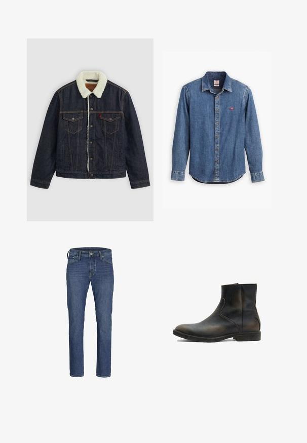 Mørk denimjakke med en hvid faux shearling krave, to brystlommer og guldsyninger. Har knaplukning og en lige pasform.; Denimskjorte i mørkeblå med skjortekrave, lange ærmer, stikninger og et lille rødt logo på brystlommen.; Herre blå denim jeans med lige ben-design, fem lommers styling og klassisk knap- og lynlåslukning.; AllSaints LANG - Støvletter - brown