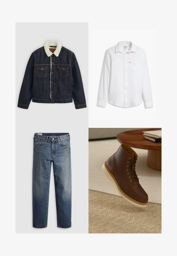 Dunkelblaue Jeansjacke mit einem weißen Kunstfellkragen, zwei Brusttaschen und goldenem Nähen. Verfügt über eine Knopfverschlüsse und eine gerade Passform.; Weißes langärmeliges Hemd mit Knopfleiste aus Baumwolle. Verfügt über einen Kragen, eine Brusttasche und gelbe Knöpfe; glatte Textur und taillierte Passform.; Dunkelblaue Jeans aus Denim mit lockerem Sitz, geraden Beinen, Fünf-Taschen-Design und dezentem Used-Look an den Oberschenkeln. Silberner Knopf und Nieten.; Braune Leder-Ankle-Boots mit beiger Sohle auf einem strukturierten beigen Teppich neben einem runden Holztisch mit gestapelten Büchern.