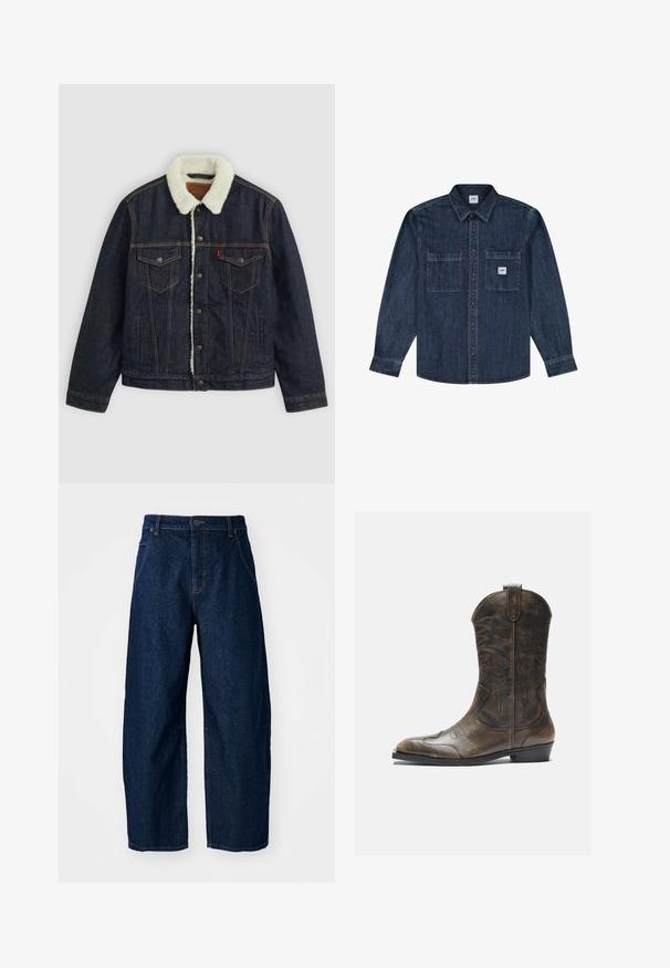 Mørk denimjakke med en hvid faux shearling krave, to brystlommer og guldsyninger. Har knaplukning og en lige pasform.; Mørkeblå denimskjorte med lange ærmer og knapper foran, to brystlommer, hvoraf den ene har et lille Lee-logo.; Bredde ben mørk denim jeans med høj talje, som har fem lommer, knaplukning foran og synlige syninger.; Brune læder cowboystøvle med en høj skaft, spids tå, intrikate syning mønstre og en lille hæl. Struktureret finish hele vejen igennem.