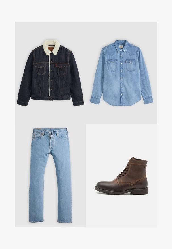 Veste en denim noir avec un col en fausse fourrure blanche, deux poches poitrine et des coutures dorées. Elle dispose d'une fermeture à boutons et d'une coupe droite.; Chemise en denim bleu clair à manches longues, col pointu, deux poches poitrine avec rabats et boutons pression blancs à l'avant.; Jean en denim droit bleu clair avec fermeture à boutons, passants de ceinture, et poches avant et arrière, présenté sur un fond blanc.; Jack & Jones JFWDELANEY BOOT - Bottines à lacets - cognac