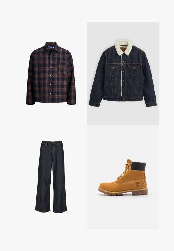 Veste en denim noir avec un col en fausse fourrure blanche, deux poches poitrine et des coutures dorées. Elle dispose d'une fermeture à boutons et d'une coupe droite.; Chemise à manches longues à carreaux avec un motif de checks bleus, bruns et noirs, fermeture par boutons et poche poitrine. Fabriquée en tissu doux.; Jean à jambes larges bleu foncé en denim, avec un design classique à cinq poches, des surpiqûres contrastantes et une braguette à boutons.; Bottine en cuir brun avec œillets en métal, doublure en fourrure blanche, col rembourré noir, semelle robuste et logo en relief sur le côté.