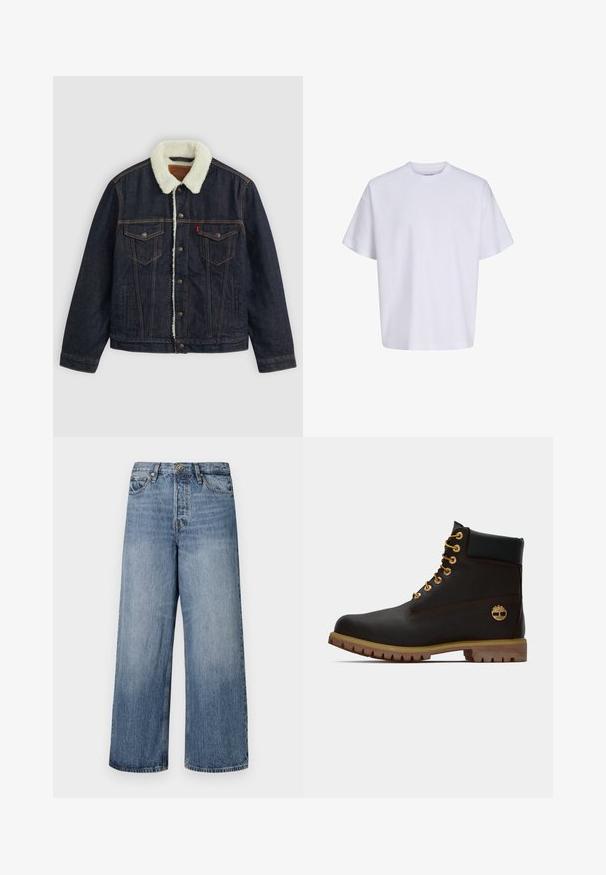 Dunkelblaue Jeansjacke mit einem weißen Kunstfellkragen, zwei Brusttaschen und goldenem Nähen. Verfügt über eine Knopfverschlüsse und eine gerade Passform.; Schlichtes weißes oversized T-Shirt mit kurzen Ärmeln, Rundhalsausschnitt und lockerem Sitz vor weißem Hintergrund.; Weite blaue Denim-Jeans mit einer ausgewaschenen Optik, Fünf-Taschen-Design und einer Knopfverschluss. Ausgestattet mit Gürtelschlaufen und gestickten Details.; Schwarze Leder-Ankle-Boots mit goldenen Ösen, braunen Akzenten und einer Gummisohle. Verfügt über einen gepolsterten Schaft und ein geprägtes Logo an der Seite.