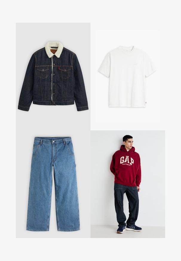 Dunkelblaue Jeansjacke mit einem weißen Kunstfellkragen, zwei Brusttaschen und goldenem Nähen. Verfügt über eine Knopfverschlüsse und eine gerade Passform.; Weißes Baumwoll-T-Shirt mit kurzen Ärmeln, rundem Ausschnitt und einem dezenten "Levi's"-Logo in heller Farbe auf der Vorderseite.; Blaue Jeans mit weitem Bein und dünnen weißen vertikalen Nadelstreifen, Vordertaschen, Gürtelschlaufen und einem Knopfverschluss in der Taille.; Bordeauxfarbener Kapuzenpullover mit "GAP" und "TIMES SQUARE" in Creme aufgedruckt, kombiniert mit navyblauen gestreiften Hosen und navyblauen Sneakern mit weißen Akzenten.