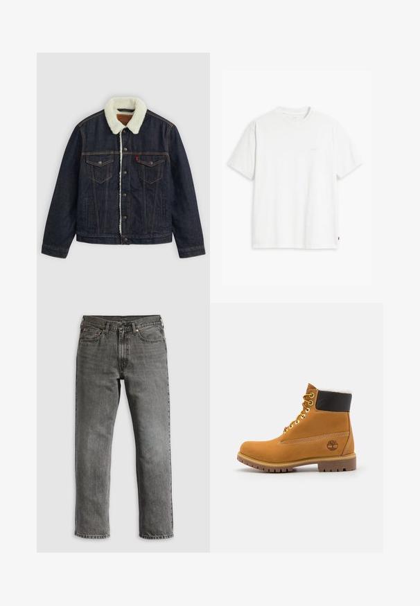 Donkerdenimjack met een witte nepbont kraag, twee borstzakken en gouden stiksels. Voorzien van knoopsluiting en een recht model.; Wit katoenen T-shirt met korte mouwen, ronde hals en een subtiel "Levi's" logo in een lichte kleur op de voorkant gedrukt.; Grijze denim jeans met een rechte pijp, voorzien van vijf zakken, koperen klinknagels en zichtbare stiksels. Klassiek ontwerp met een ritssluiting.; Bruine leren enkellaars met metalen oogjes, witte faux bont voering, zwarte gewatteerde kraag, robuuste zool en een reliëflogo aan de zijkant.