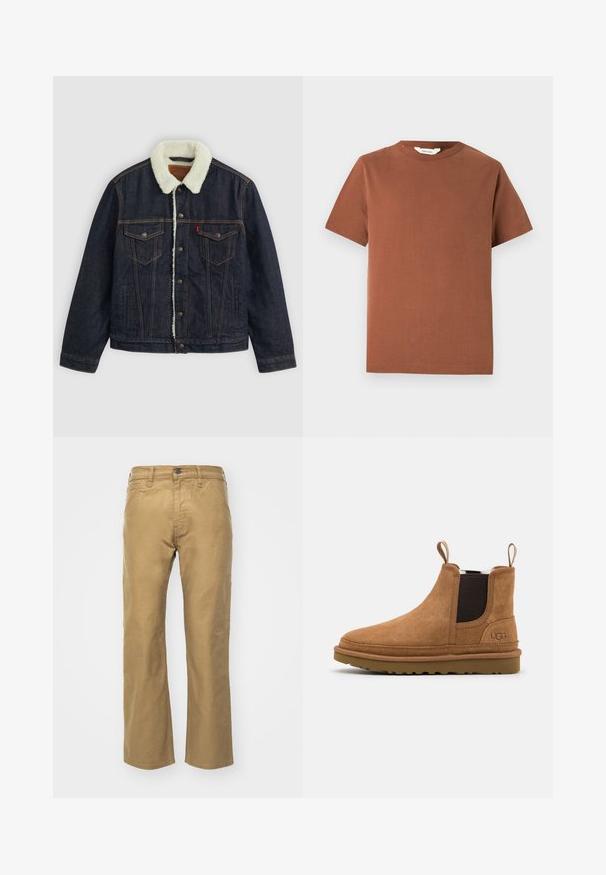 Mørk denimjakke med en hvid faux shearling krave, to brystlommer og guldsyninger. Har knaplukning og en lige pasform.; Brun kortærmet t-shirt med rund hals lavet af blød bomuld, med et enkelt design uden synlige mønstre eller dekorationer.; Khaki bukser lavet af bomuld. Lige pasform med en talje og forlommer. Har en enkelt baglomme og diskrete syninger.; Brune ruskindsankelstøvler med elastiske sidedele og løfteløkker, der har en gummisål og et diskret logo på siden.